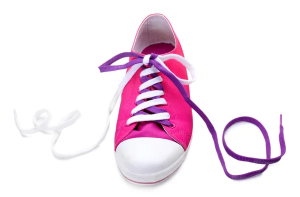 Process of tying shoelace, isolated on white — Stock Photo, Image