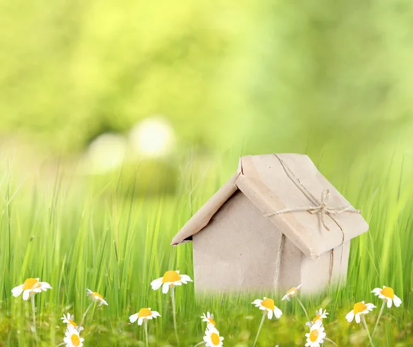 Kraft paper house on green grass in field — Stock Photo, Image