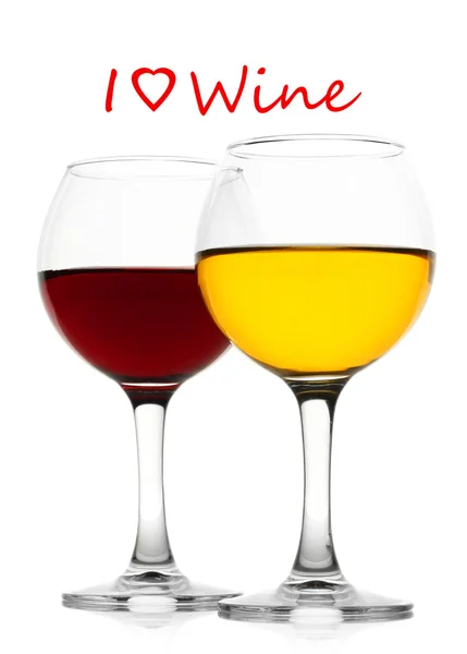 Gläser Wein und ich liebe Wein Text isoliert auf weiß — Stockfoto