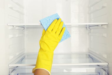 kadının el çamaşır buzdolabı ile toz bezi