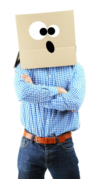 Man with cardboard box on his head isolated on white — Stock Photo, Image