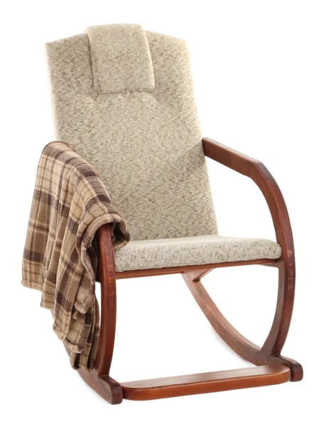 Modern sallanan sandalye üzerinde beyaz izole halı ile — Stok fotoğraf