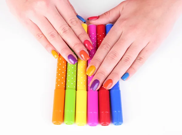 Manicure femminile multicolore con pennarelli isolati su bianco — Foto Stock