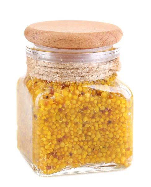 Dijon Mustard in glass jar isolated on white — Stock Photo, Image