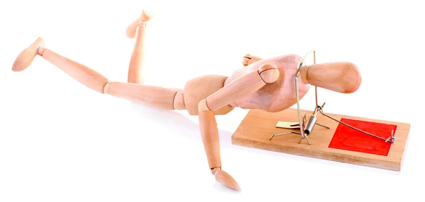 Muizenval gevangen houten mannequin, geïsoleerd op witte achtergrond — Stockfoto
