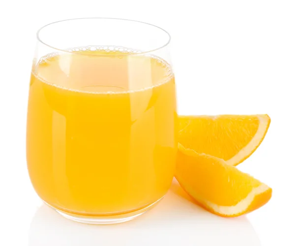 Glass of orange juice with slices isolated on white — Stock Photo, Image