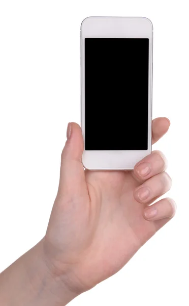 Mano que sostiene el teléfono inteligente móvil aislado en blanco — Foto de Stock