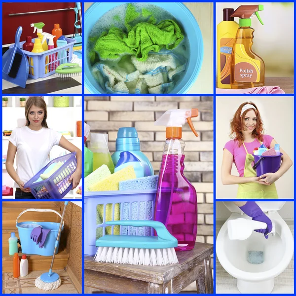 Clean concept. Young housewife with cleaning supplies and tools collage — Stock Photo, Image