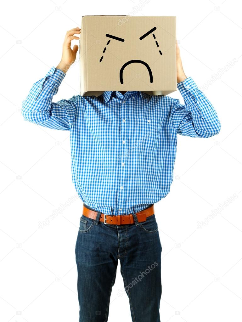 Man with cardboard box on head