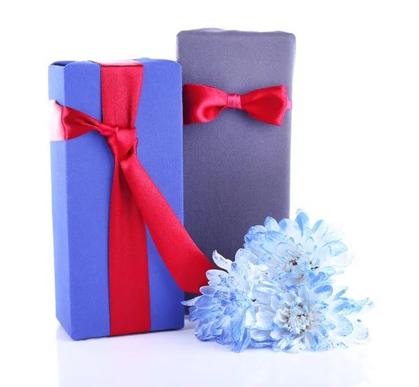 Two gift boxes with blue flower on white background — Stock Photo, Image