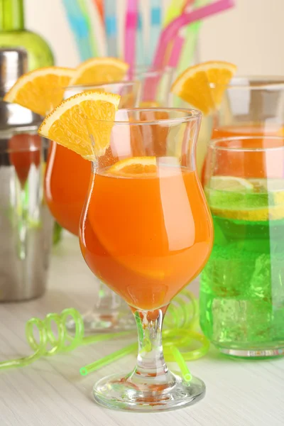 Glasses of fruit cocktails in party close-up — Stock Photo, Image