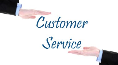 Erkek el ve müşteri hizmetleri metin üzerinde beyaz izole