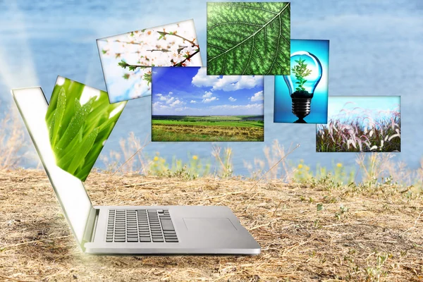 Laptop en eco thema-afbeeldingen op de achtergrond van de natuur — Stockfoto