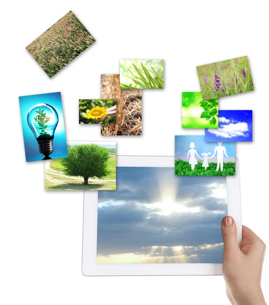 Tablet PC en mano e imágenes de objetos de la naturaleza aislados en blanco — Foto de Stock