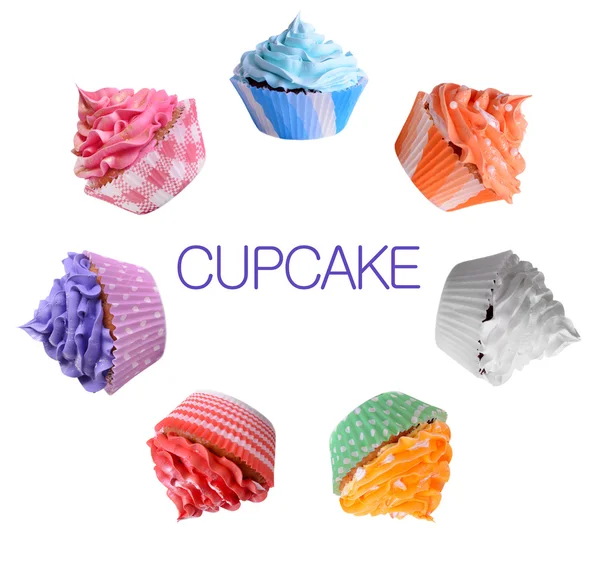 Delicious cupcakes arranged in circle isolated on white — Stock Photo, Image