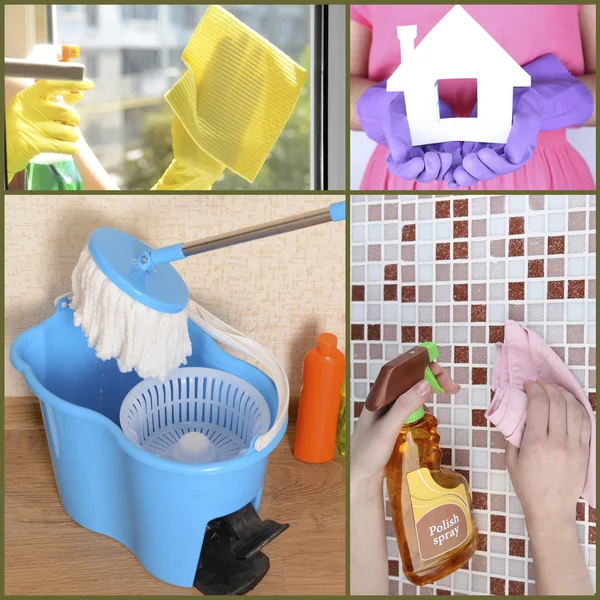 Clean concept. Cleaning supplies and tools collage — Stock Photo, Image