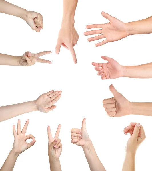 Collage de mano, gestos establecidos aislados en blanco — Foto de Stock