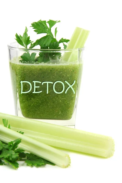 Glass of green vegetable juice with parsley and celery isolated on white, Detox cocktail — Stock Photo, Image