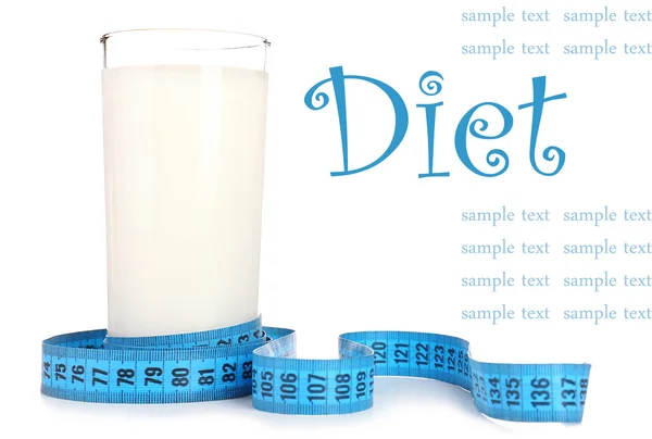 Glass of yogurt with measuring tape isolated on white, Diet concept — Stock Photo, Image