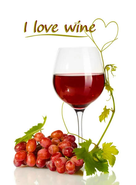 Glass of wine and ripe grapes with I love wine text isolated on white — Stock Photo, Image