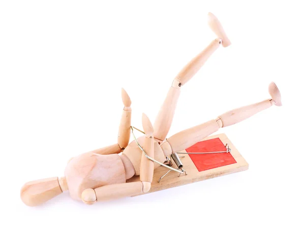 Mousetrap captured wooden mannequin, isolated on white background — Stock Photo, Image