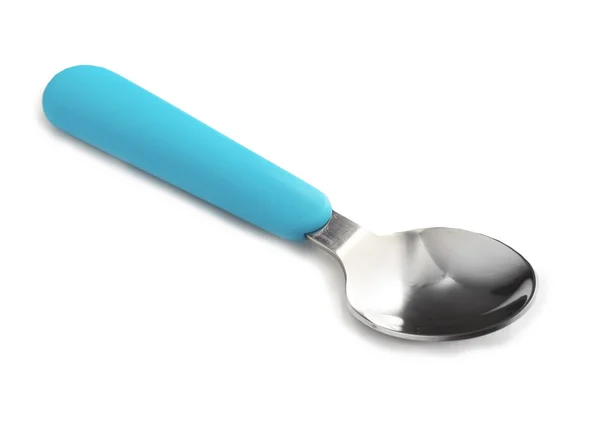 Blue baby spoon isolated on white — Stock Photo, Image
