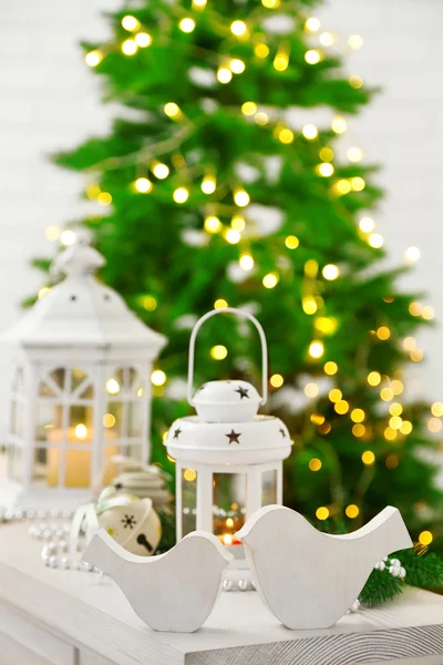 Christmas decorations with lantern on fir tree background — Stock Photo, Image