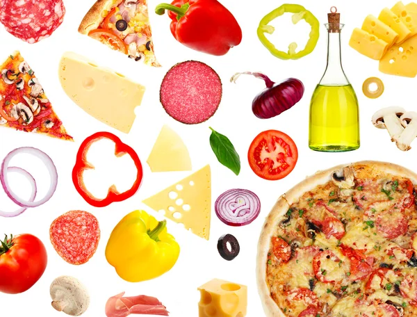Smaczne pizze i składniki na białym tle — Zdjęcie stockowe