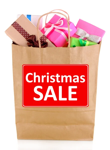 Presents in paper bag with Christmas Sale text on it isolated on white — Stock Photo, Image