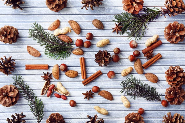 Borrifos de árvore de Natal com solavancos, especiarias e nozes na cor de fundo de madeira — Fotografia de Stock