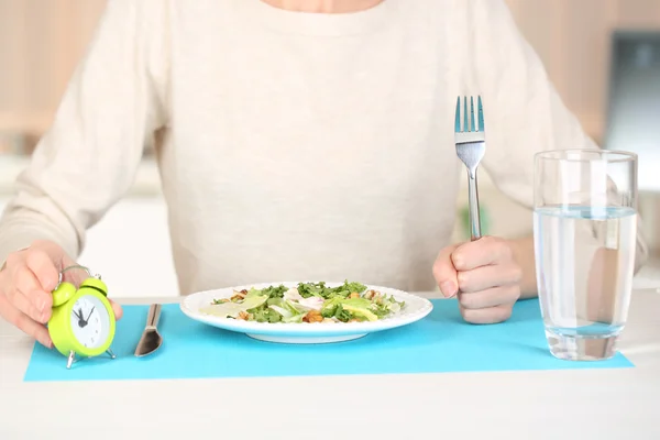 Girl and dietary food at table close-up — Stock Photo, Image