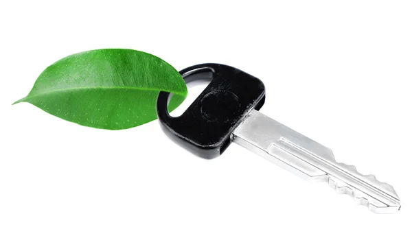 Car key with green leaf trinket isolated on white — Stock Photo, Image