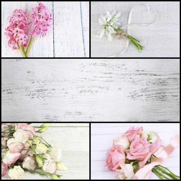Collage de fotos con flores sobre fondo de madera —  Fotos de Stock