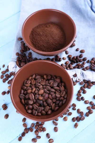 Zwei Schüsseln gemahlener Kaffee und Kaffeebohnen auf blauem Holzhintergrund mit Jeansmaterial — Stockfoto
