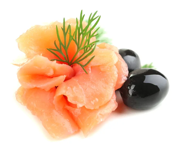 Sliced and rolled salmon, black olive and herbs isolated on white — Stock Photo, Image