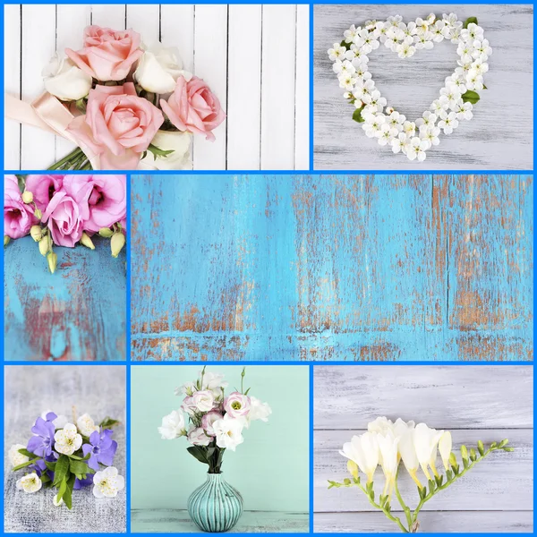 Collage of photos with flowers on wooden background — Stock Photo, Image