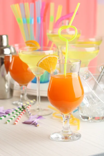 Glasses of fruit cocktails in party close-up — Stock Photo, Image