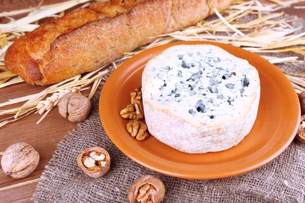 Blue cheese on earthenware dish with nuts, baguette and hay on burlap cloth and wooden table background