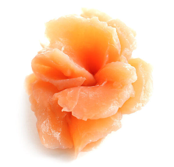 Sliced and rolled salmon isolated on white