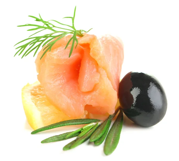 Sliced and rolled salmon, black olive and herbs isolated on white — Stock Photo, Image