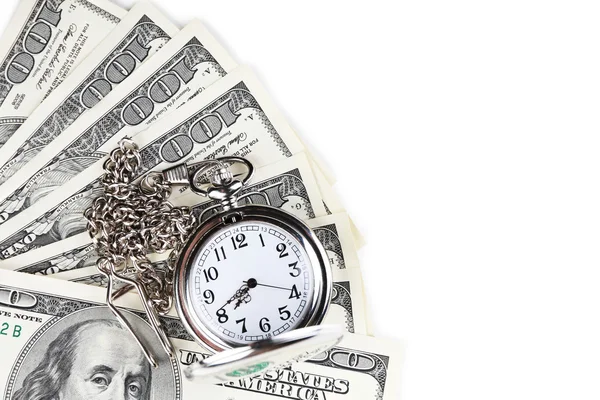 Silver pocket clock and money close-up. Time is money concept Stock Picture