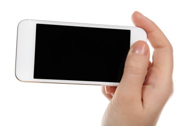 Mobil akıllı telefon üzerinde beyaz izole tutan el