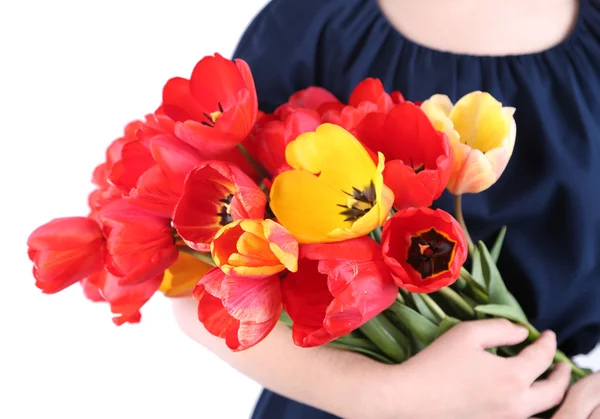 Tulipas coloridas em mãos femininas isoladas em branco — Fotografia de Stock