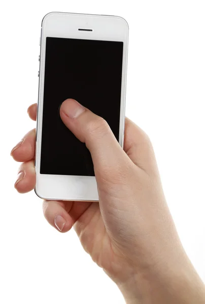 Mano tenuta cellulare smartphone isolato su bianco — Foto Stock