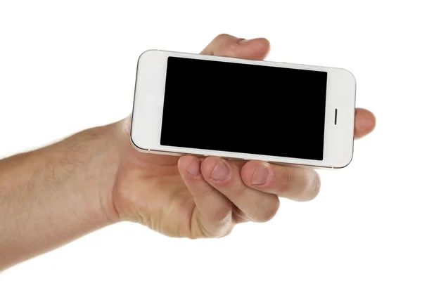 Mobil akıllı telefon üzerinde beyaz izole tutan el — Stok fotoğraf