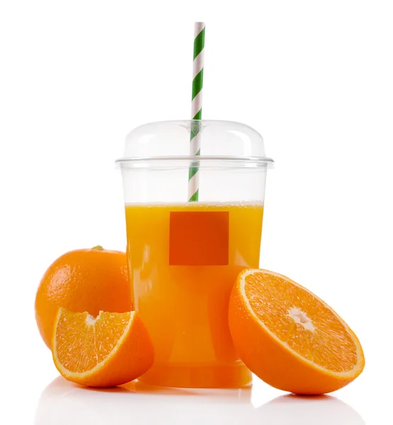 Orange juice in fast food closed cup with tube and slice of orange isolated on white — Stock Photo, Image