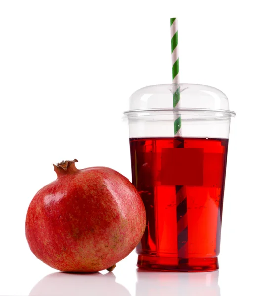 Pomegranate juice in fast food closed cup with tube and garnet isolated on white — Stock Photo, Image