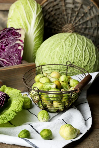 Nature morte avec assortiment de choux sur fond en bois — Photo