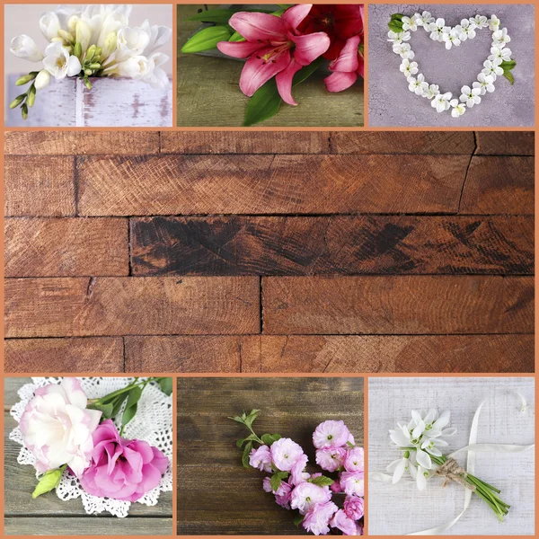 Collage de fotos con flores sobre fondo de madera —  Fotos de Stock