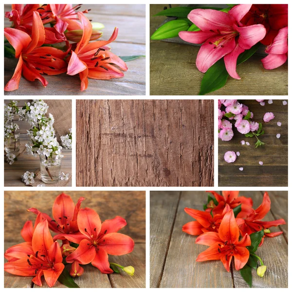 Collage of photos with flowers on wooden background — Stock Photo, Image